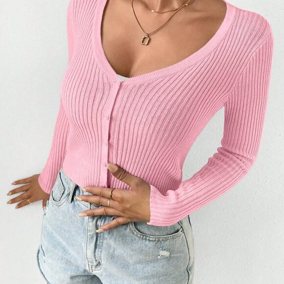 Pink Casual Women's Slim Solid Color Rib Knit Cardigan - Picture 5 of 7
